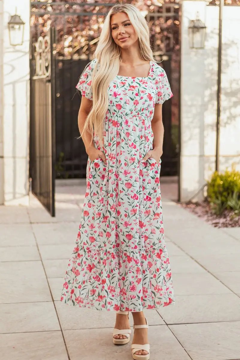 Pink Floral Puff Sleeve Square Neck Empire Waist Maxi Dress - Love Salve